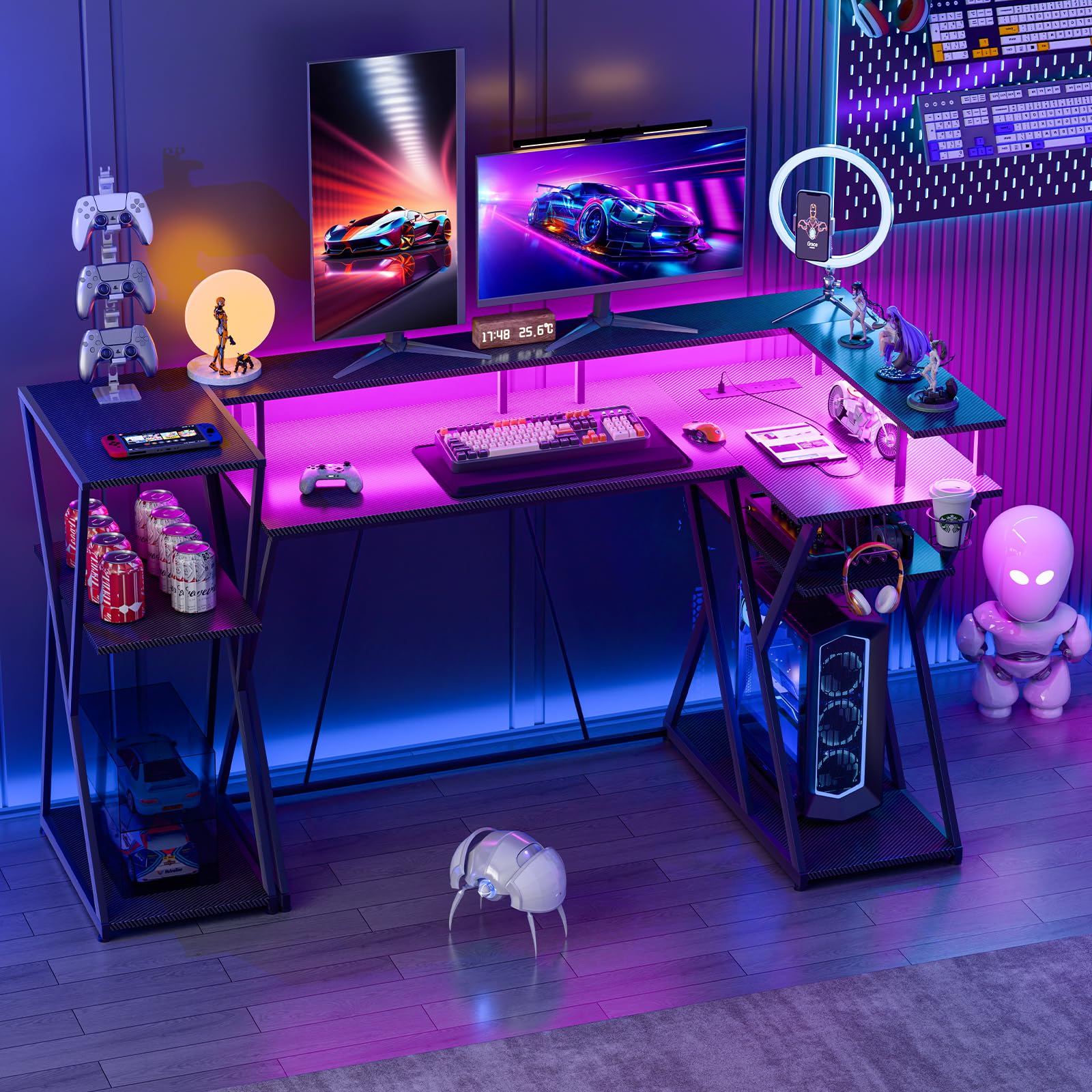47 inch Gaming Desk with LED Lights & Power Outlets, Corner Computer Desk
