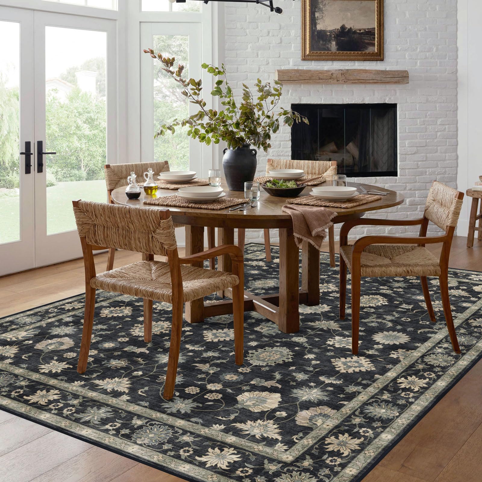 Washable Area Rug 8x10 - Large Charcoal Black Boho Rugs for Living Room Soft Vintage