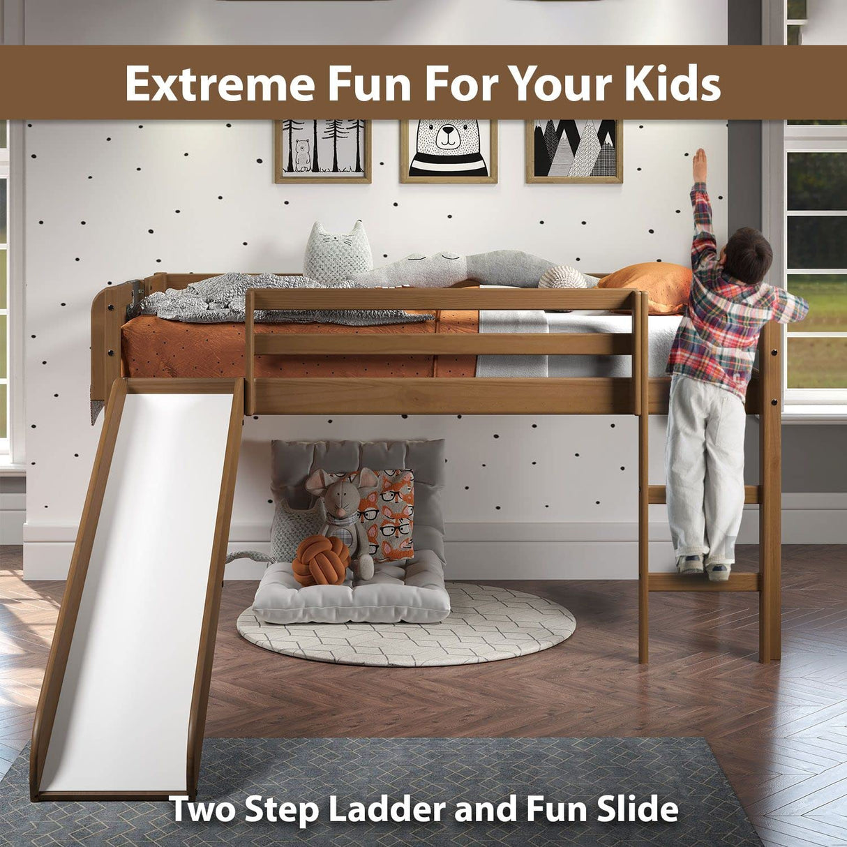 Cindy Kids Loft Bed with Slide, Twin Loft Bed with Slide, Toddler Loft Bed