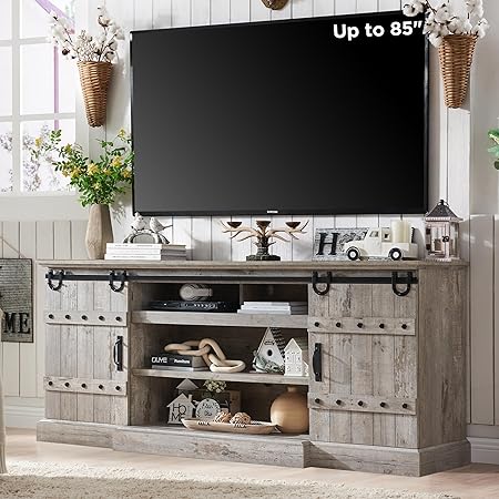 Farmhouse 75" TV Stand for 80 85 Inch TV, Rustic Media Console Table with Sliding