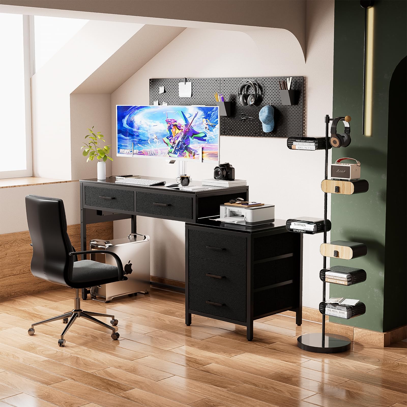 Unikito Reversible Computer Desk with 5 Drawers, Sturdy Office Desk with Power Outlets and USB Ports, Corner Writing Table with File Cabinet & Printer Stand, Vanity Desk with Storage, Black