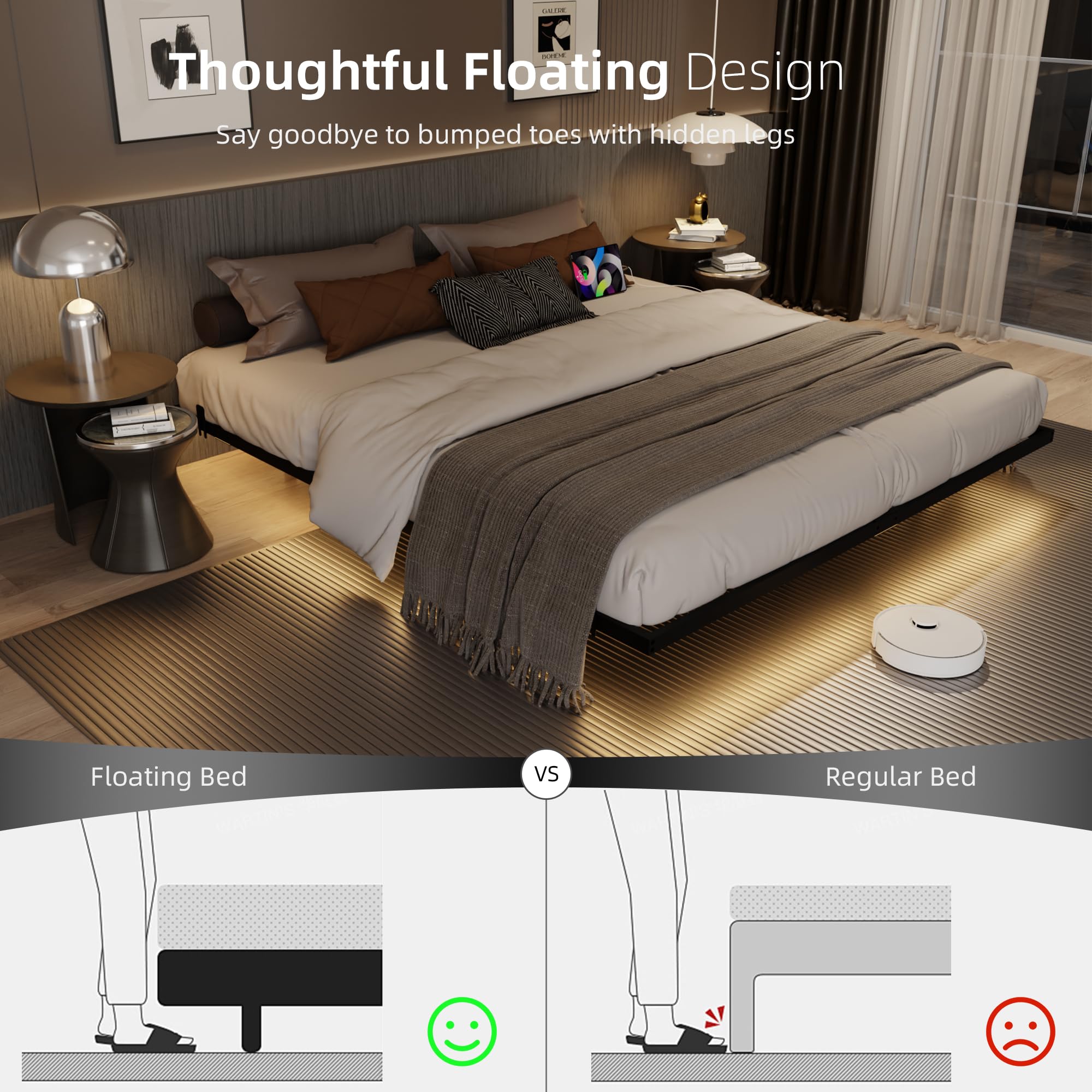 California King Floating Bed Frame with LED Lights