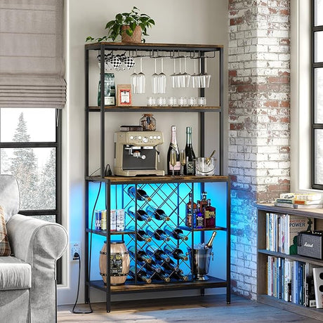 Wine Cabinet with Power Outlets & LED Lights, 5-Tier Industrial Wine Bar Cabinet