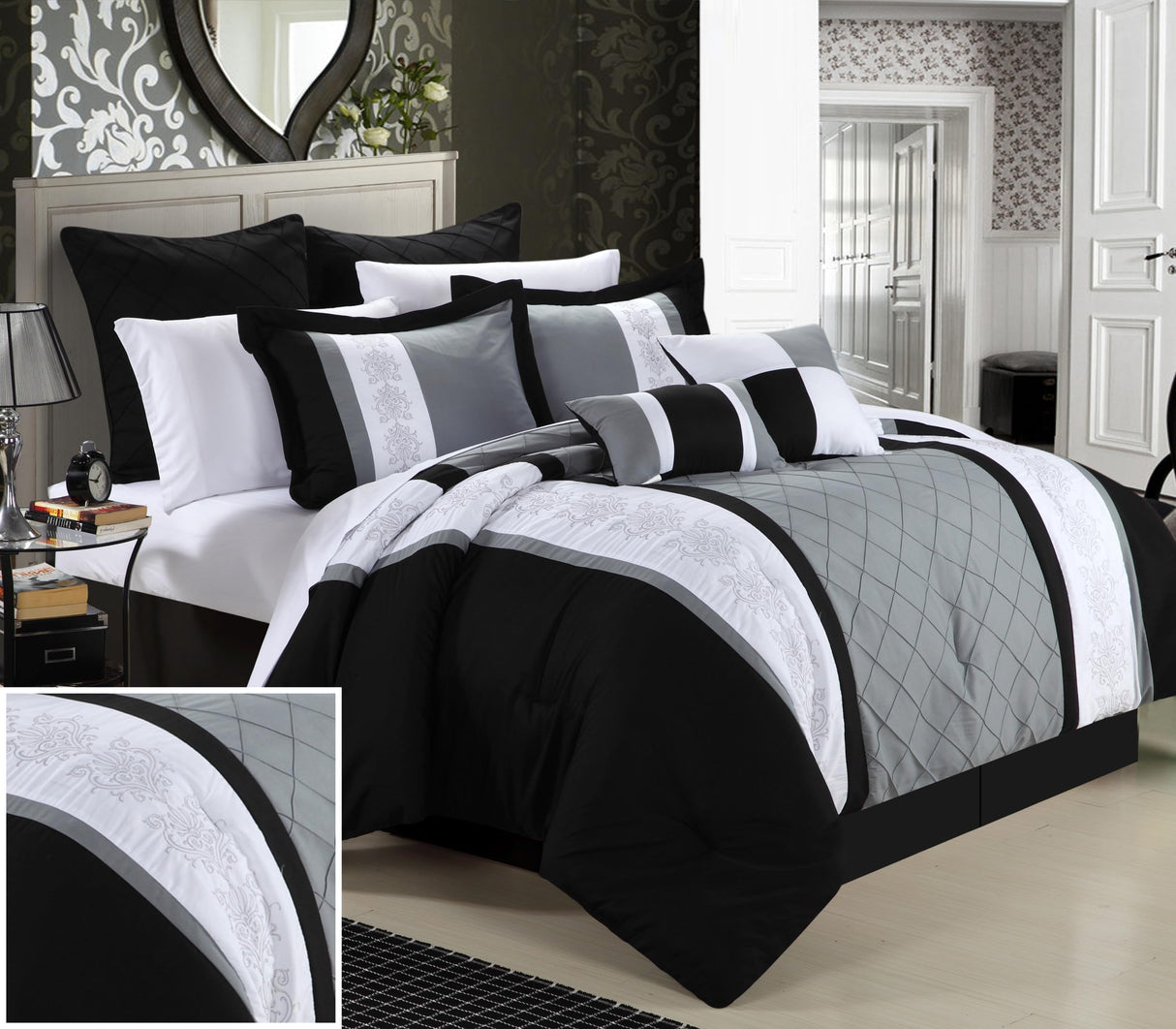8-Piece Embroidery Comforter Set - Queen Livingston Black