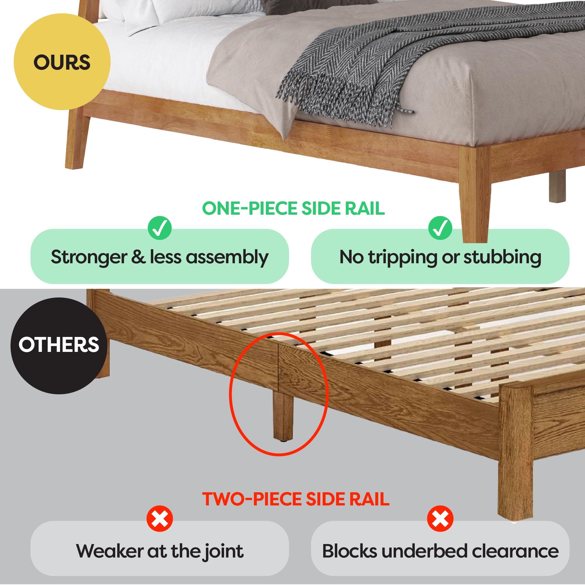 Solid Wood Queen Bed Frame with Headboard - Beige Walnut