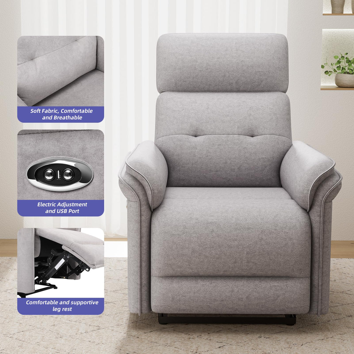 Fabric Power Recliner Chair, Ultra-Comfy Velvet Reclining Chair with Overstuffed Arms & USB Port