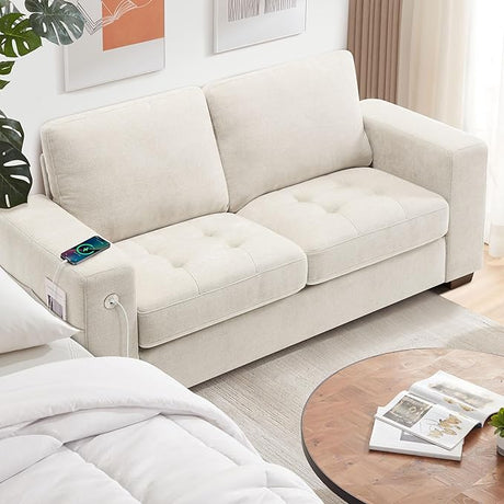 Sofa 70 Inch Loveseat with USB/Type-C Charging Port & Side Pocket, Comfy Modern 2-Seats Sofa for Living Room & Bedroom, Removable Medium Firm Sofa Cushion, Breathable Chenille Fabric, Beige