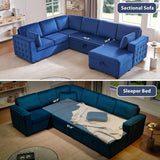 mestyl Convertible Pull Out Sleeper Sofa Bed with Storage Chaise, Oversized U Shaped Sectional Couch Bed with 2 Pillows, Comfy Large L Shaped Pullout Couches Bed for Living Room, Velvet, Blue, MT002