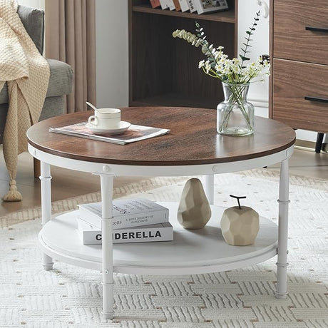 25.6" Dark Walnut White Round Farmhouse Coffee Table, 2-Tier Storage Wood Center