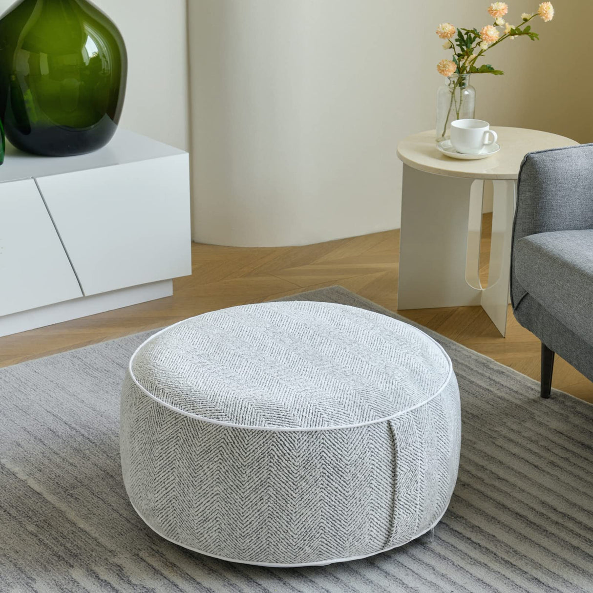 Stuffed Pouf Ottoman, 21x10 Inches Chenille Ottoman with Inflatable PVC Liner