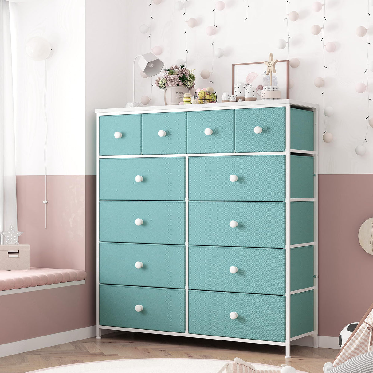 Dresser, Dresser for Bedroom with 12 Drawers, Tall Dresser with Wooden Top and Metal Frame, Fabric Bedroom Dressers & Chests of Drawers Clearance, 40.6" W x 11.8" D x 43.7" H, Aqua