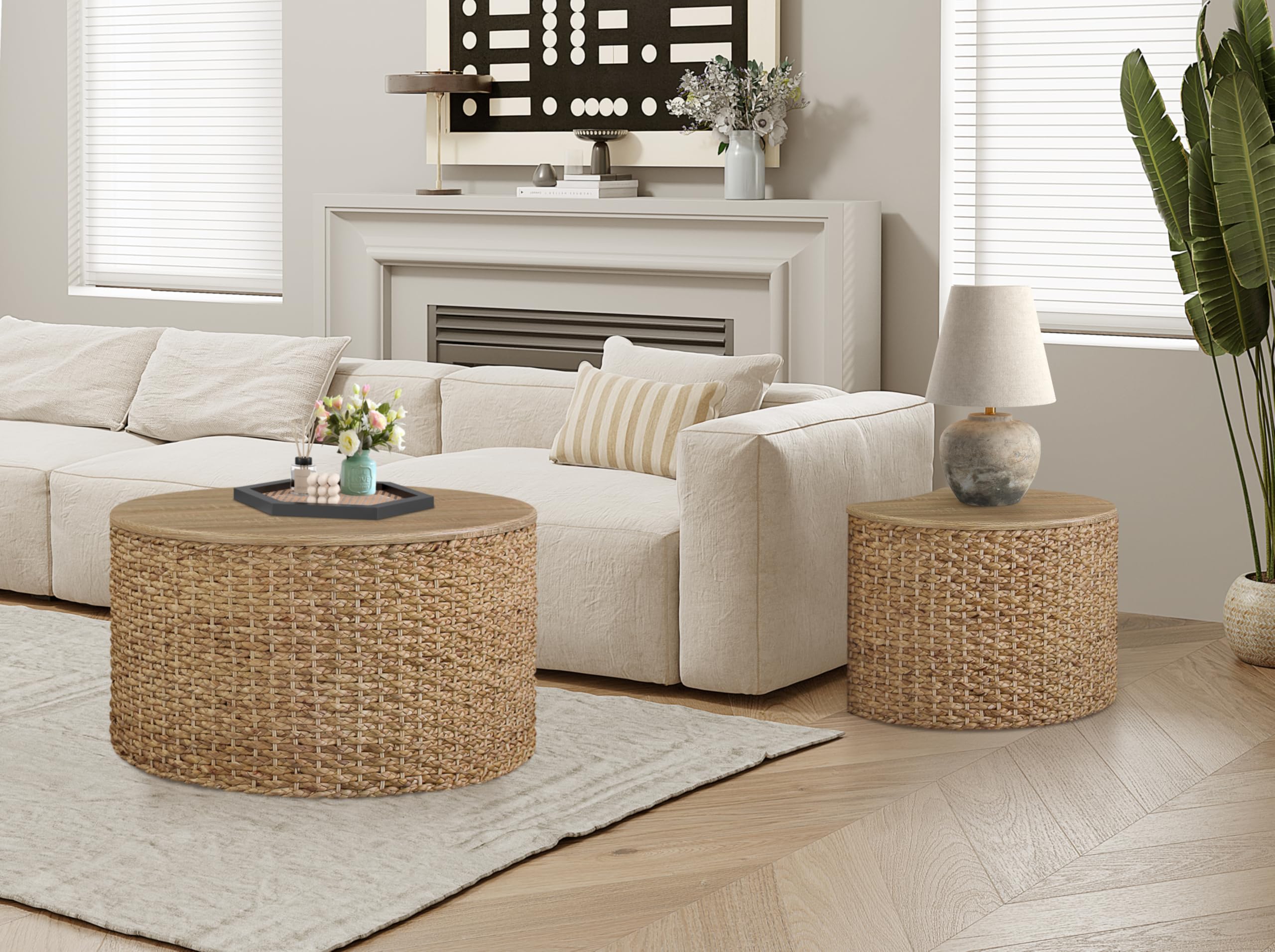 Nesting Coffee Table Set of 2, Coastal Coffee Table with Storage, Woven Coffee Table