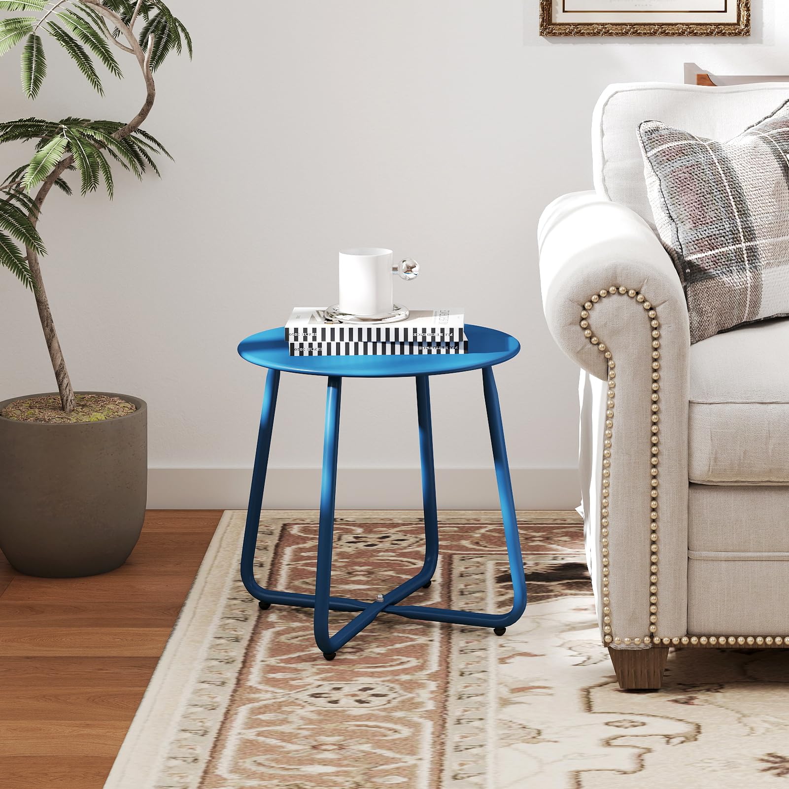 HollyHOME Round Metal Side Table, Rust - Resistant Patio Small Plant Stand, Outdoor 17.32'' Portable End Table for Balconies, Gardens, Living Rooms and Bedrooms, Navy Blue - Bircata