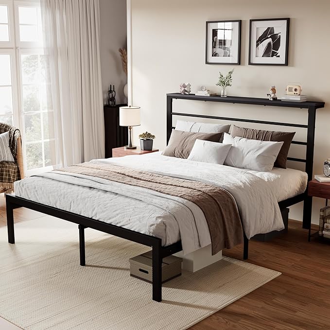 Full Size Bed Frame with Headboard Shelf and Strong Metal Foundation