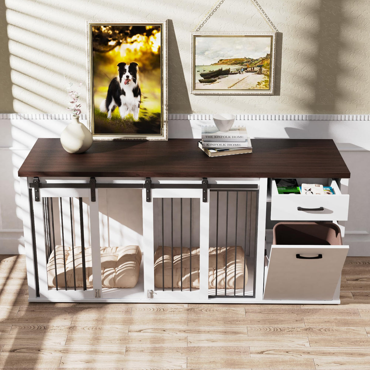 Large Dog Crate Furniture - 71 Inch Wooden Double Crate with Storage