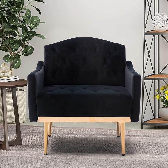 Modern Velvet Single Sofa Chair, Upholstered Accent Living Room Chair, Comfy Armchair with Rose Golden Metal Legs, Tufted Chair for Reading or Lounging (Pink)