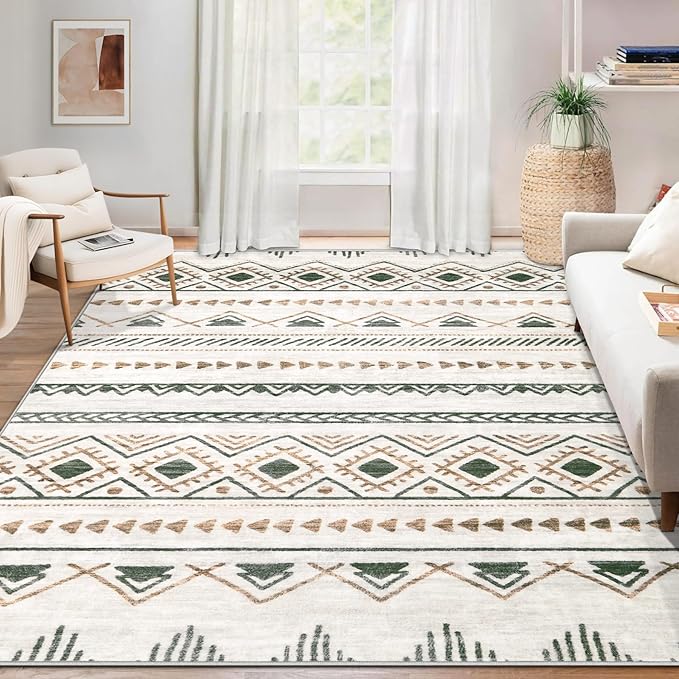 Area Rug for Living Room 9x12: Large Washable Boho Moroccan Rugs Geometric Neutral Rug