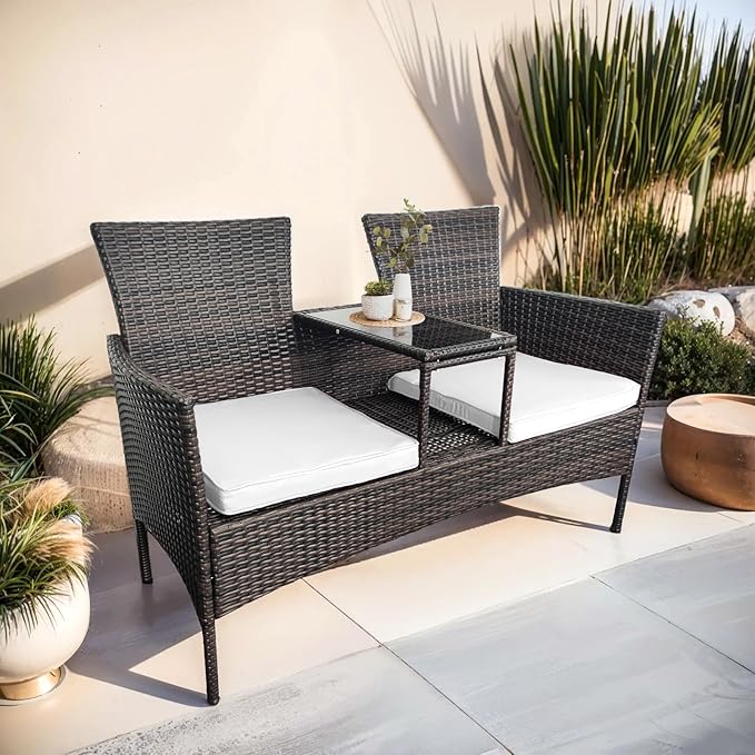 Outdoor Rattan Patio Loveseat,Wicker 2-Seat Outdoor Loveseat With Cushions