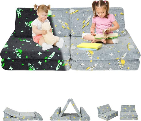 Kids Couch, 6-Piece Convertible Children's Sofa Playset or 2 Chair w/Folding Mats & 2 Pillows