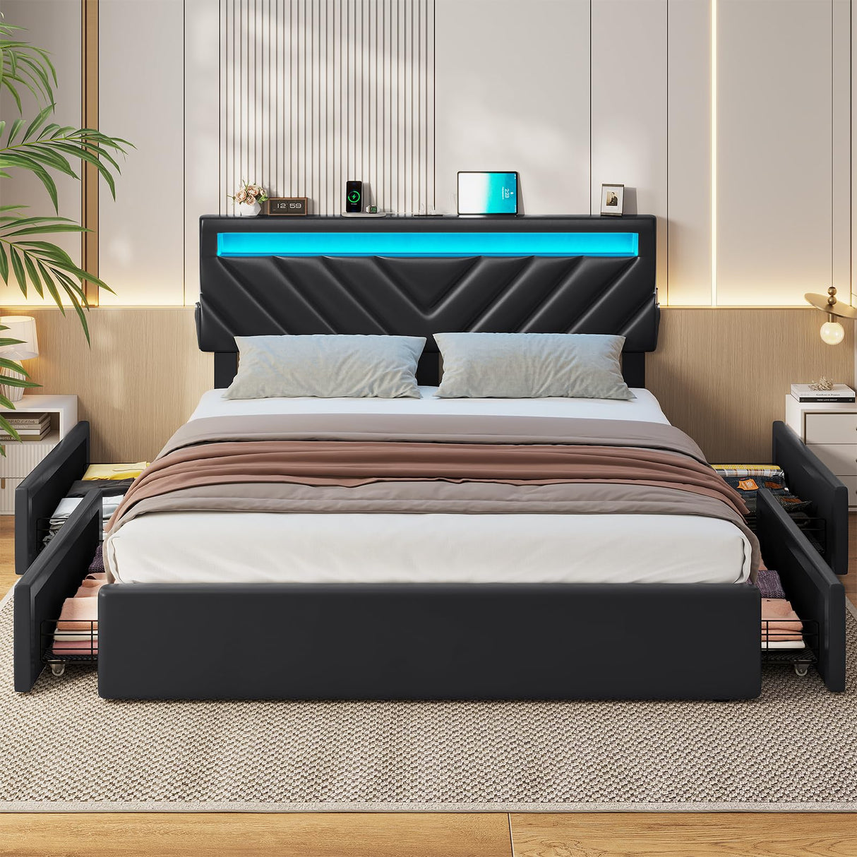 Full Bed Frame with LED Lights and Drawers, PU Leather Bed with Charging Station,