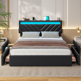 Full Bed Frame with LED Lights and Drawers, PU Leather Bed with Charging Station,