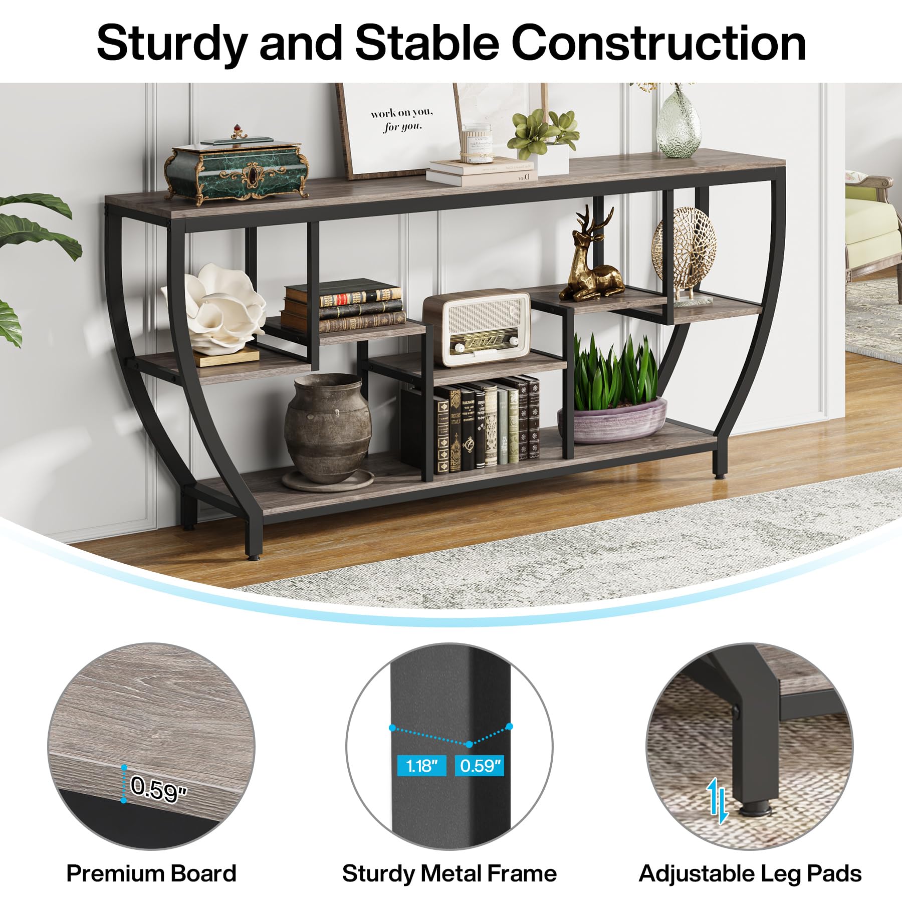 70.9 Inch Long Sofa Table with Shelves, Rustic Console Table with Storage,