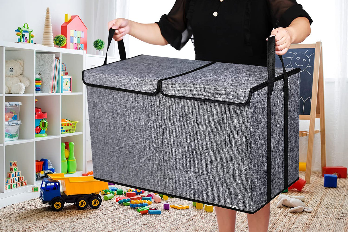 YOLOXO Large Kids Toy Box Chest Storage organizer with Double Flip-Top Lid - Collapsible Sturdy Toy Organizers And Storage Bins With Big Handles For Nursery, Playroom, 26.8"x13.8"x16"(Grey)