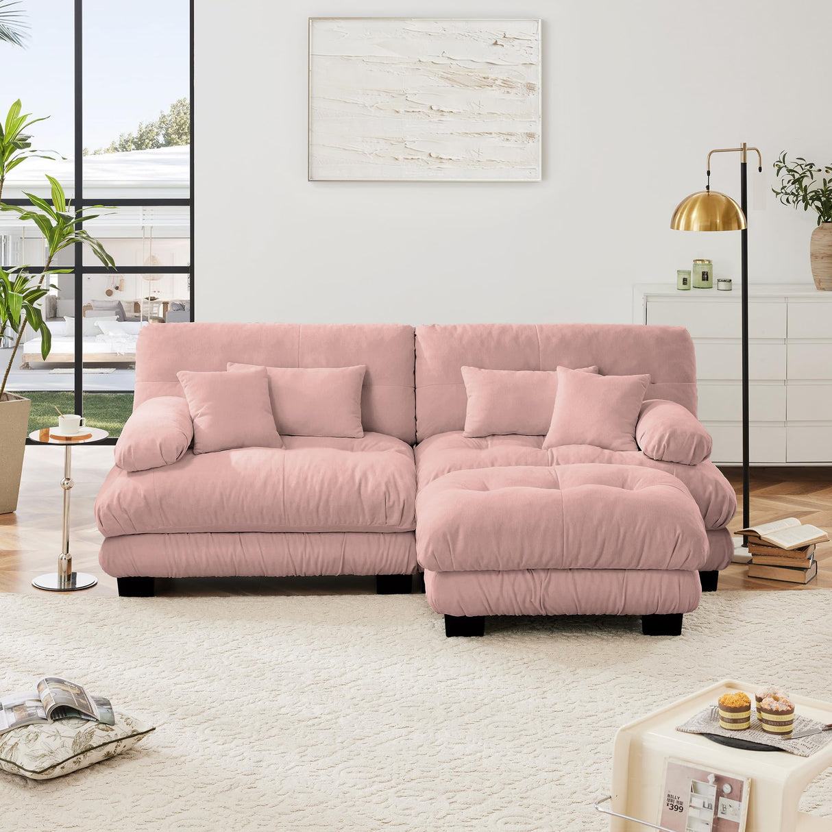 94" L Shape Sofa, Chenille 2 Seater Cloud Couch with 4 Soft Pillows