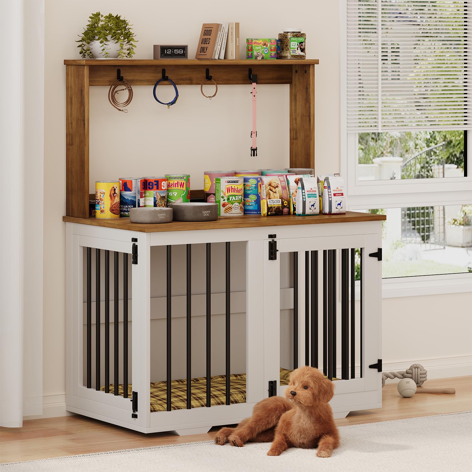 White Wooden Dog Crate Furniture with Storage Shelf & 4 Hooks