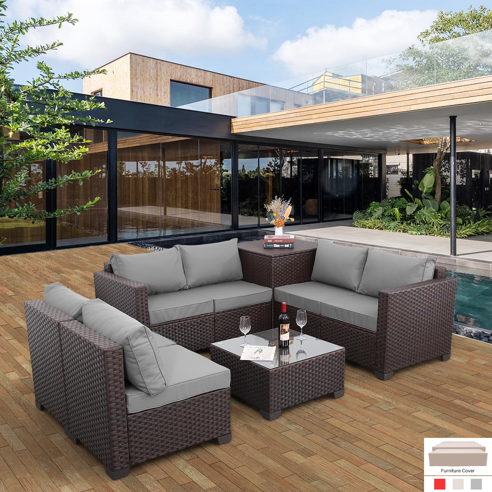 Wicker Patio Furniture 6 Pieces Outdoor Sectional Sofa Patio Conversation Sets