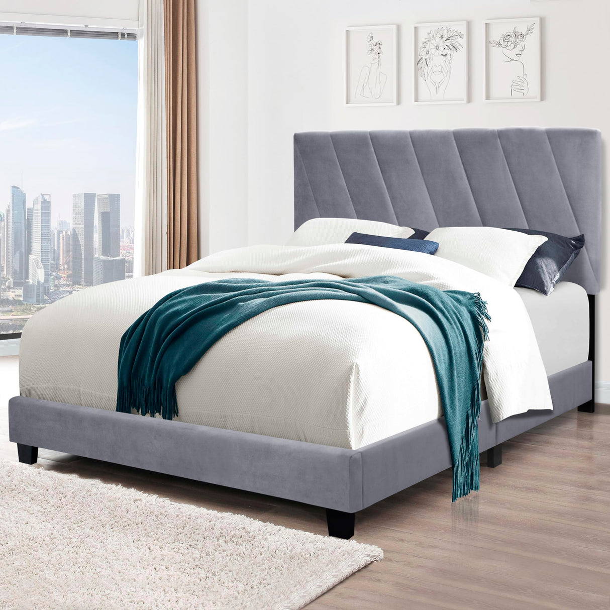 Queen Size Upholstered Platform Bed with Wood Slats Support,Velvet Platform
