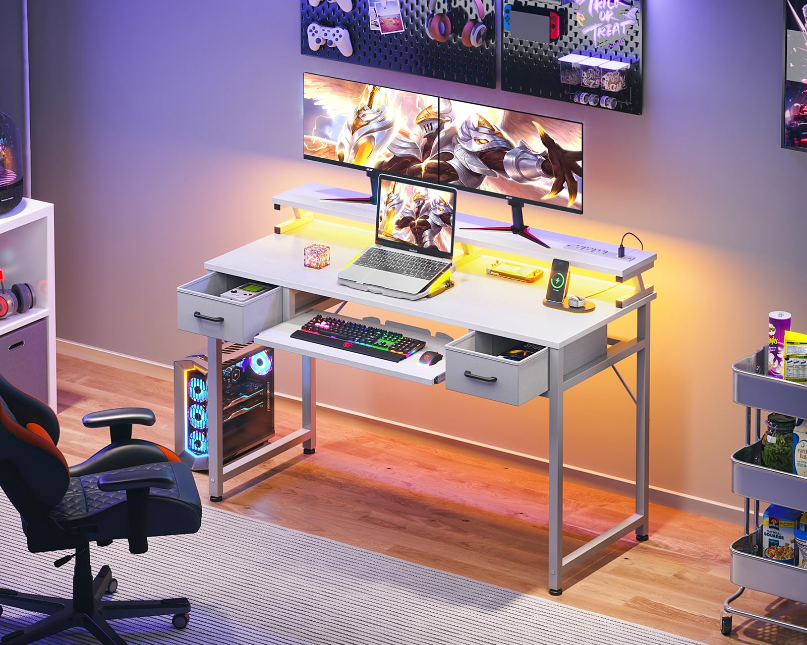 ODK Gaming Desk with Led Lights and Power Outlet, 48 Inch Computer Desk with Drawers and Keyboard Tray, PC Desk with Monitor Stand, Work Desk for Home Office, White