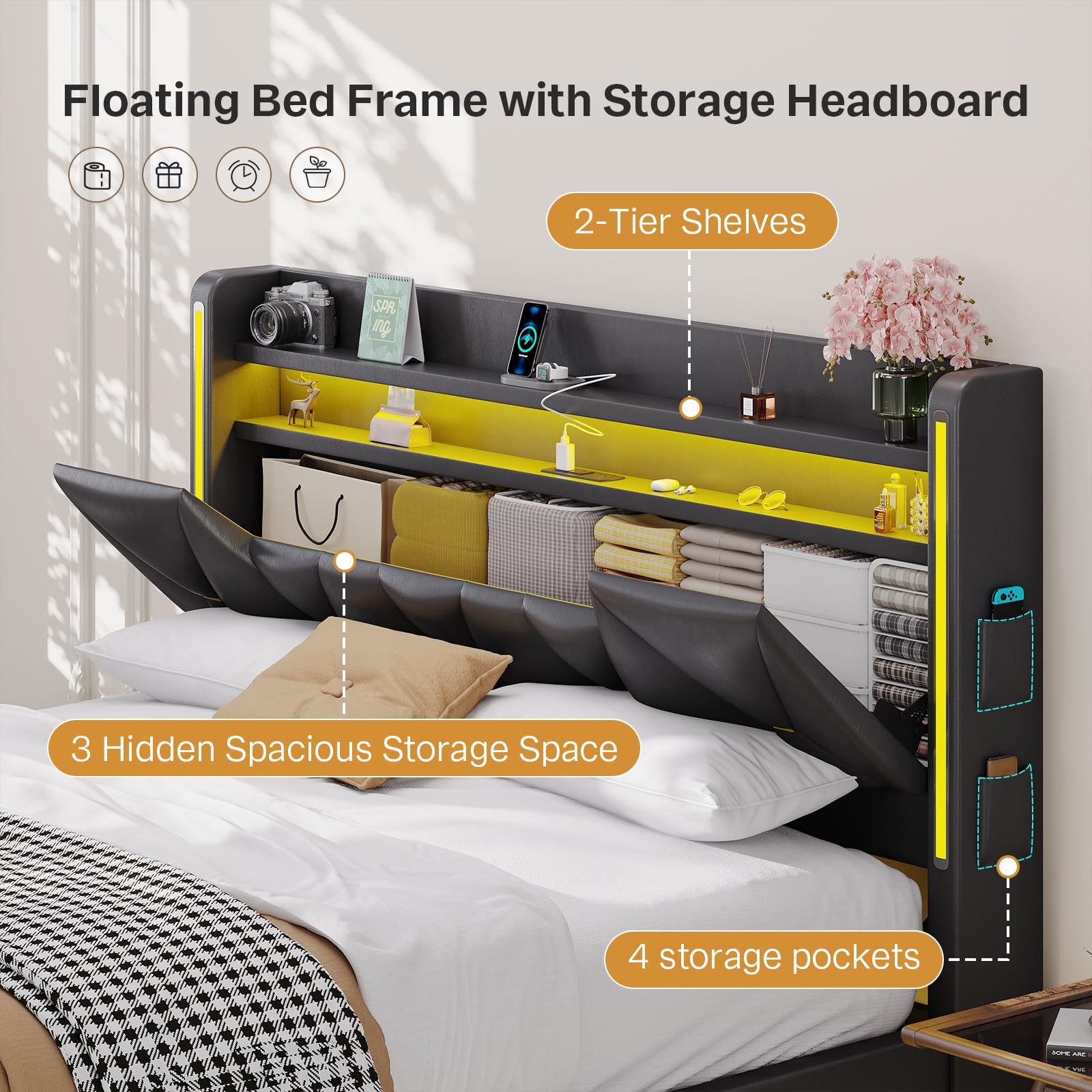 Floating Queen Bed Frame with LED Lights & Storage Headboard