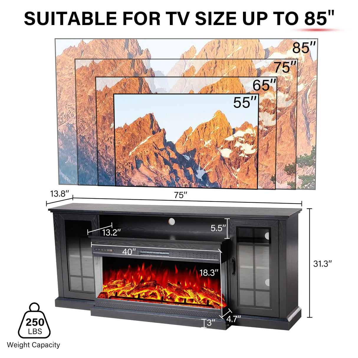 75" Fireplace TV Stand with 3-Sided Glass Electric Fireplace