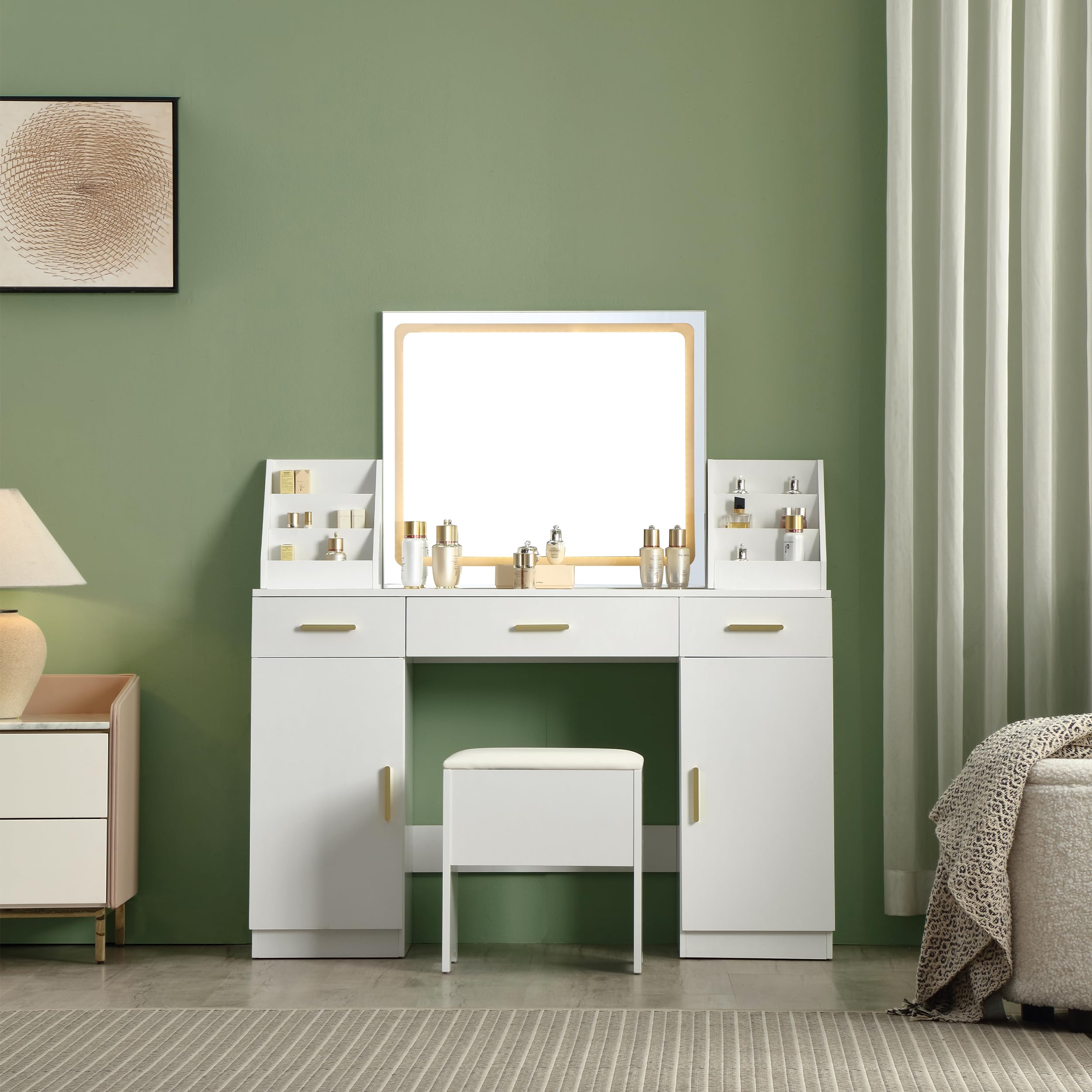 47.2'' Large Vanity with Folding Up Makeup Mirror,Makup Vanity with Makeup Organizer