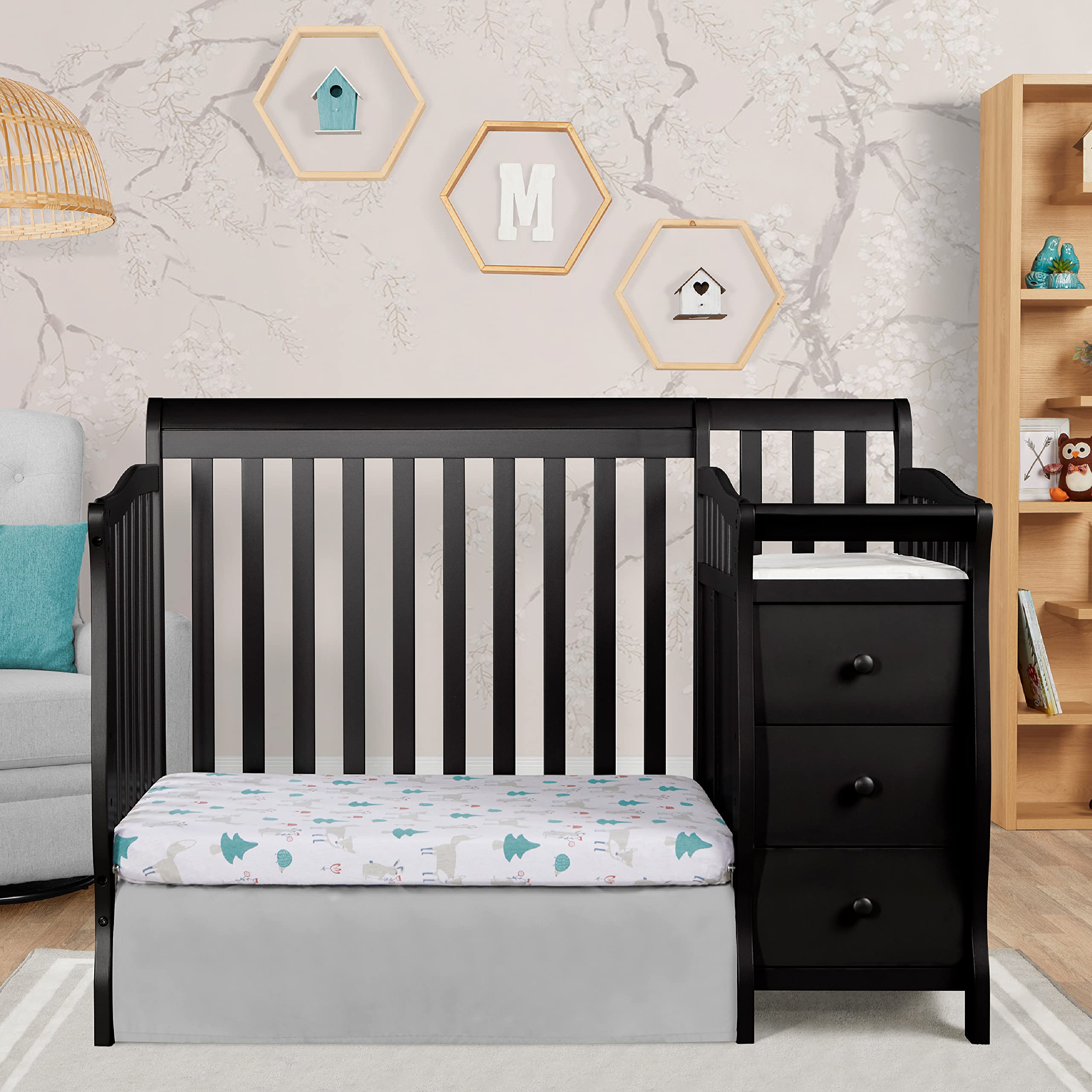 Jayden 4-in-1 Mini Convertible Crib And Changer in Black, Greenguard Gold Certified, Non-Toxic Finish, New Zealand Pinewood, 1" Mattress Pad