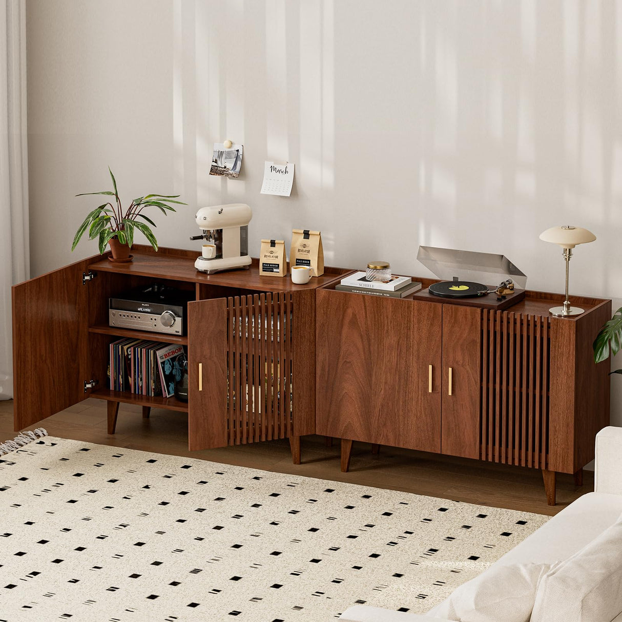 Buffet Storage Cabinet, Sideboard with Slatted Door, Gold Handles and Wood Legs