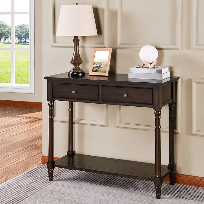 Solid Wood Console Entry Table with 2 Drawers, Accent Sofa Table with Storage Shelf