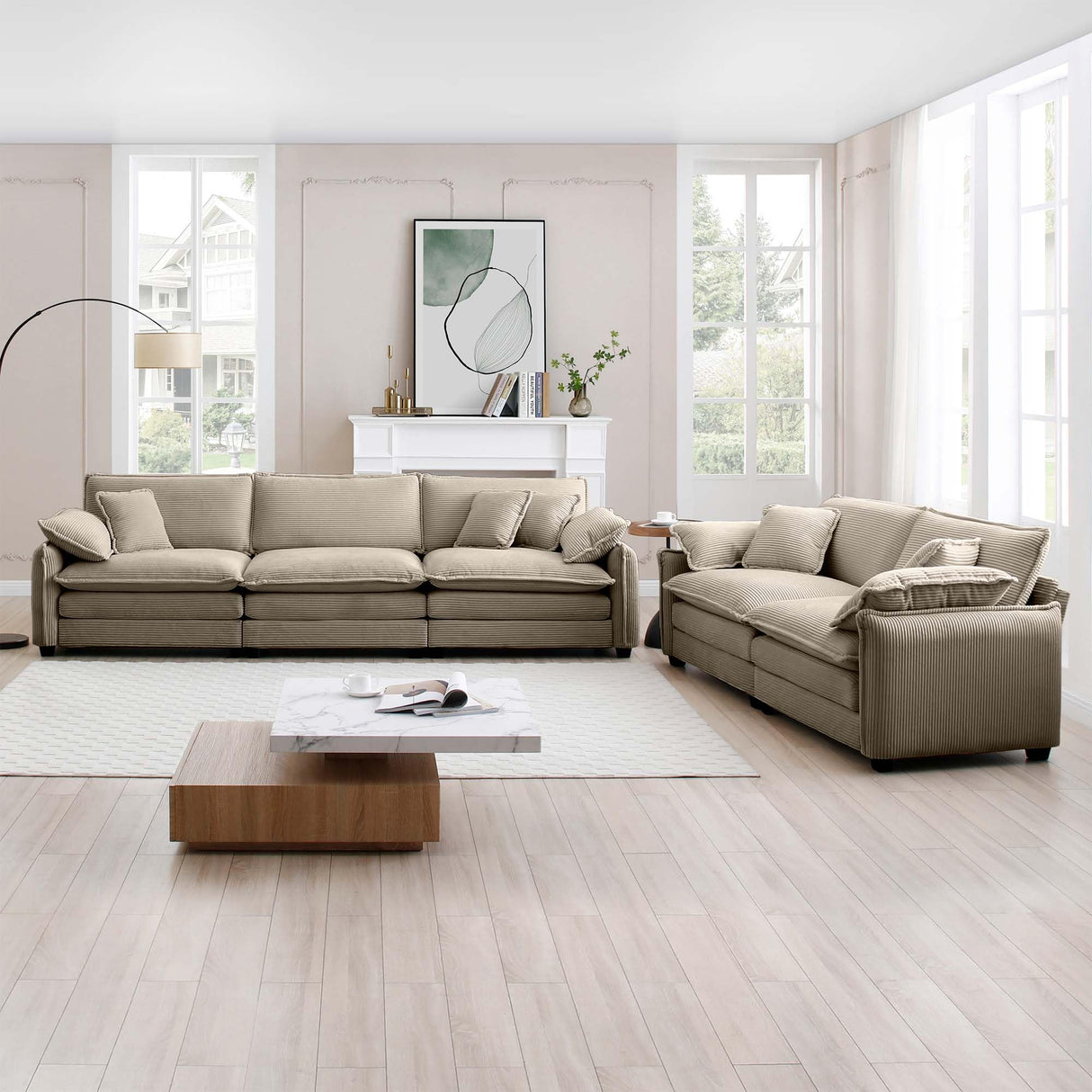 Comfortable Tan Corduroy Family Sofa Set, Deep Seat Design