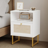 Rattan Nightstand，Farmhouse Bedside Table with Storage Drawer and Open Shelf