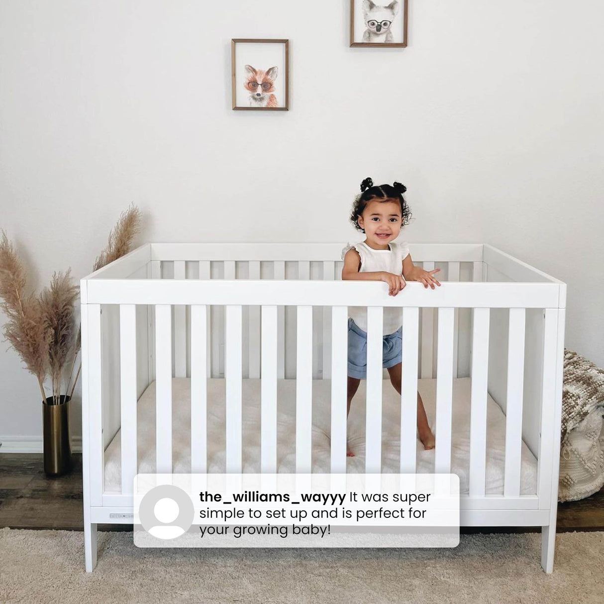 Hayes 4-in-1 Convertible Crib, Bianca White + Simmons Kids Silver Nights Dual Sided 2