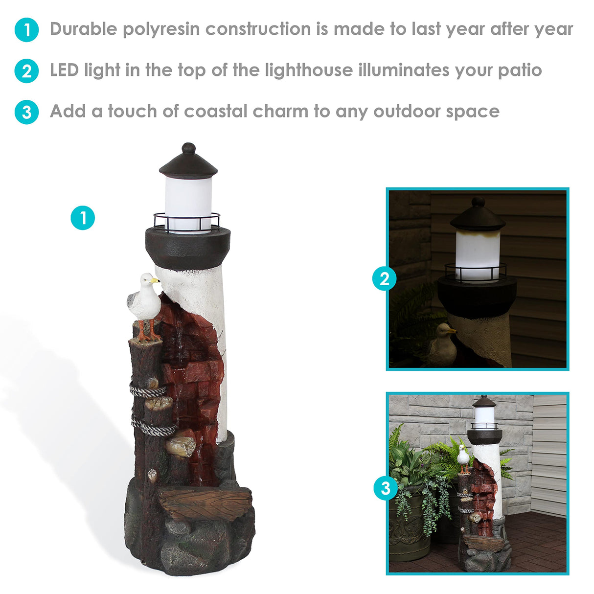 Sunnydaze 36-Inch Gull's Cove Outdoor Lighthouse Water Fountain with LED Light - Polyresin Decorative Water Feature