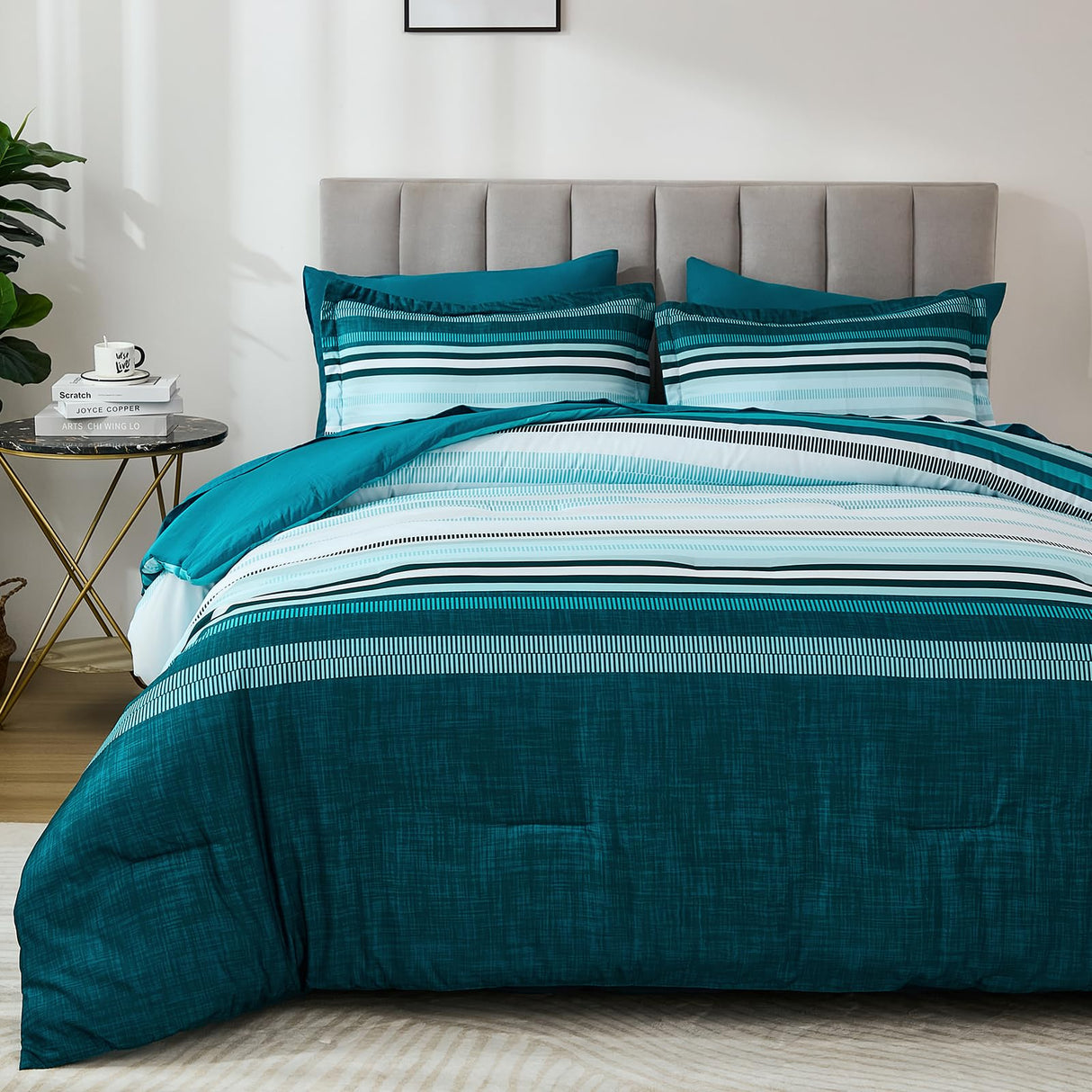 Teal Queen Comforter Set 7 Pieces, Blue Boho Striped Bed in a Bag Queen