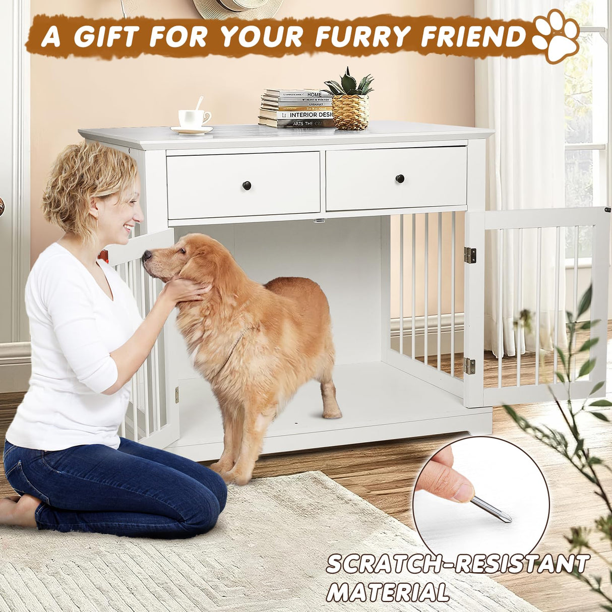 44" Large Dog Crate Furniture with Drawers - White Wooden Kennel End Table