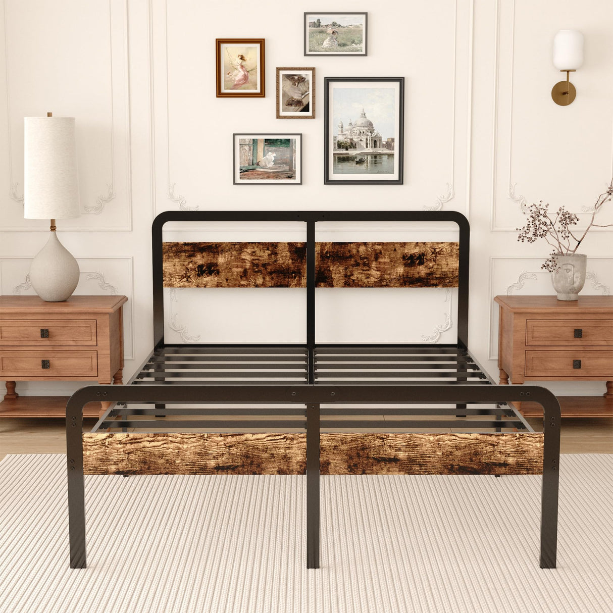 King Size Bed Frame with Wood Headboard and Footboard 14 Inch,