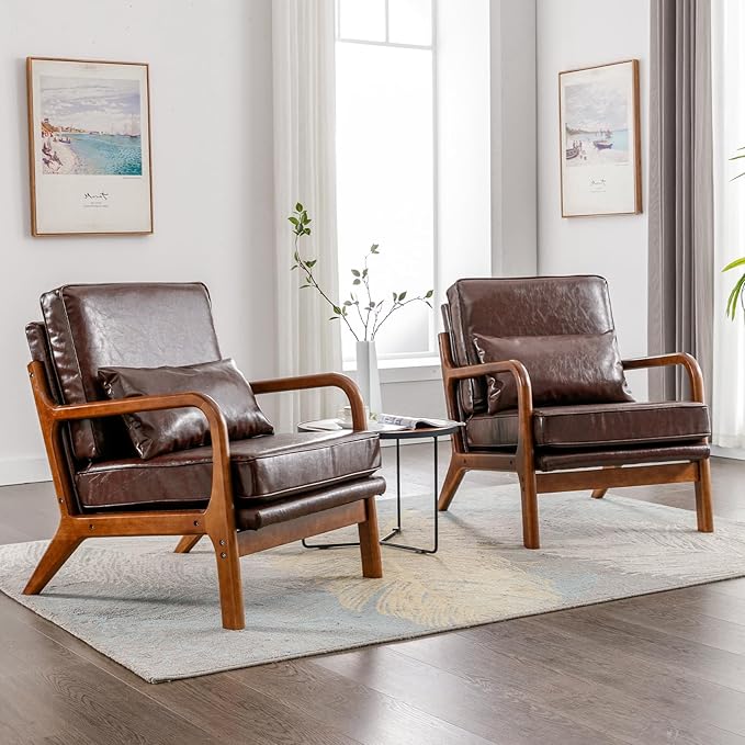 Modern Accent Chair Set of 2 Living Room- Comfy Solid Wood Arm Chair with Lumber Pillow Lounge Decorative Brown Leather Office Side Chair Bedroom Reading Nook Sillas De Sala Microfiber