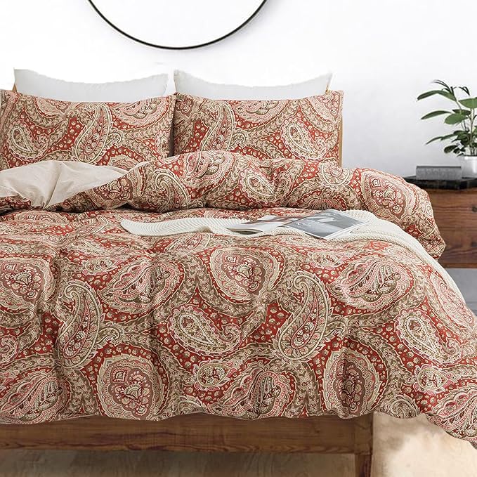 Burgundy Duvet Cover Set Queen Size 100% Percale Cotton Red Beige Paisley Comforter