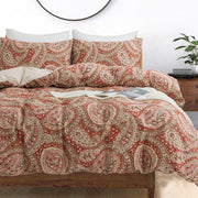 Burgundy Duvet Cover Set Queen Size 100% Percale Cotton Red Beige Paisley Comforter