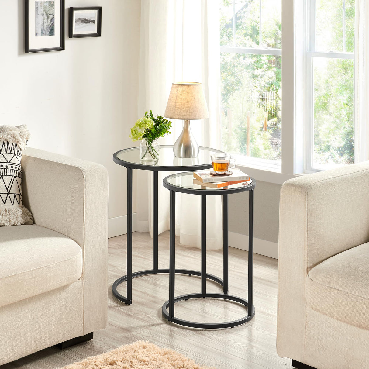 Round Nesting End Table Set of 2,Stacking Side Tables,Coffee Tables Set w/Metal Frame