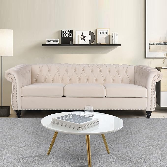 Large Sofa, Velvet Sofa Three-seat Sofa Classic Tufted Chesterfield Settee Sofa